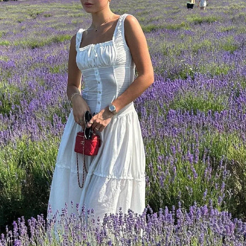 Voguable Elegant Square-Neck White Dress Slim Lace Up Sleeveless Dress Y2K Korean Buttons Beachwear Party Vestido New