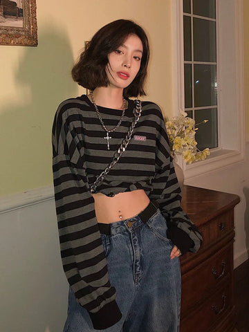 Voguable Cropped Y2K Striped Sweatshirts Harajuku Gothic Tops Vintage Streetwear Casual Bf Oversize Long Sleeve Pullover