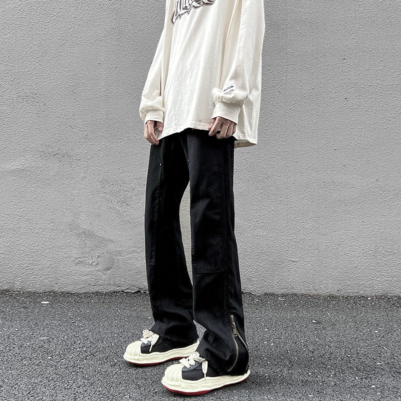 High Street Straight Black Jeans America y2k Design Hip Hop Denim Pants Zipper Casual Trousers
