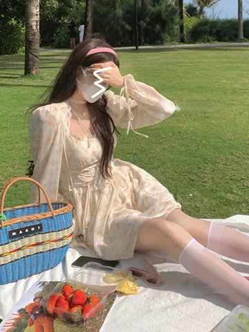 Voguable Elegant Y2K Midi Dress Casual Lace One Piece Dress Korean Sweet Vintage Floral Dress Party Long Sleeve