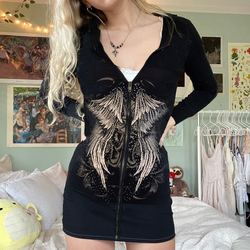 Harajuku Angel Wing Printing Sweatshirts Dress Gothic Black Mini Hoodies Dress Y2K Sweatshirts Dress Long Sleeve Hooded Dresses