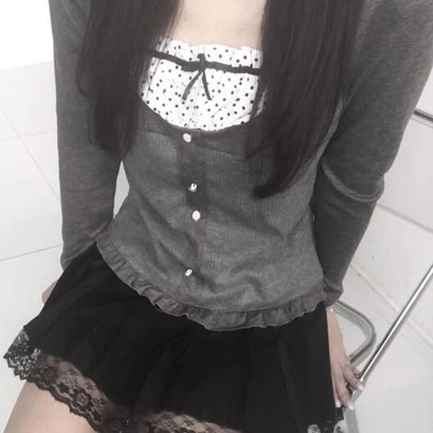 Voguable  Y2K Polka Dot Print Contrast Patchwork Knitted Tops Grey Cute Bow T-shirts Slim-fit Long Sleeve Knitwear