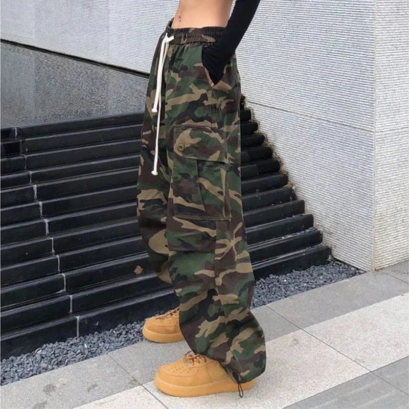 100% Pure Cotton Camo Cargo Pants Y2K Vintage Streetwear Joggers Sweatpants Bf Oversized Loose Hip Hop Wide Leg Trousers