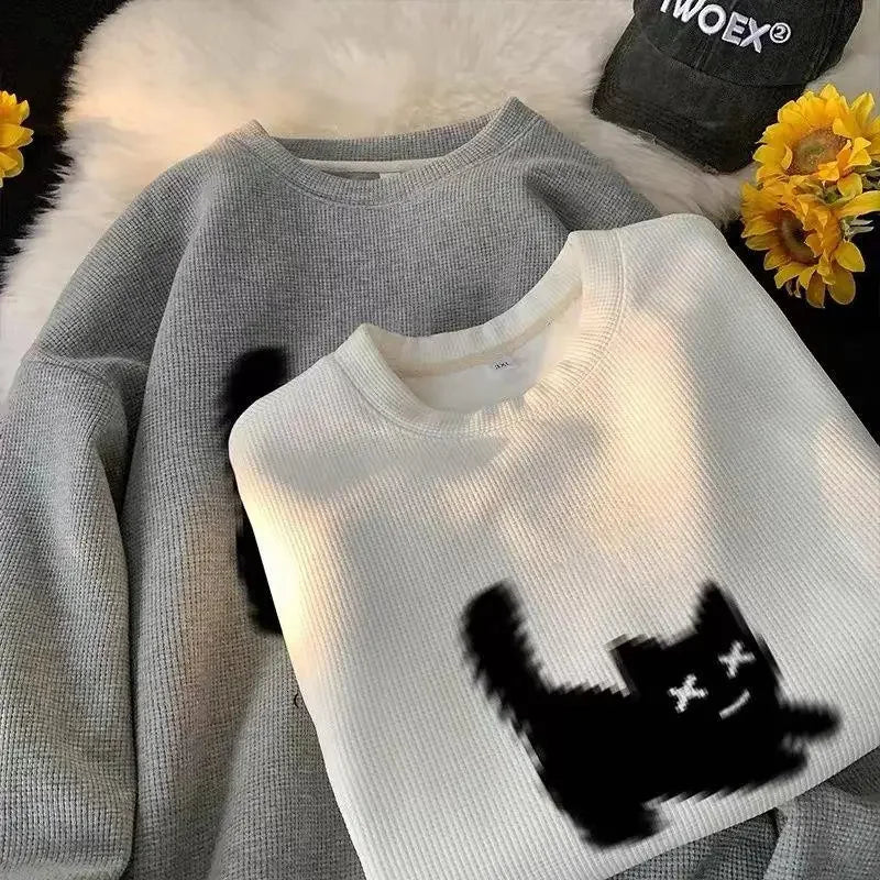 Voguable Streetwear Harajuku Waffle Cotton Kawaii Hoodies for O-Neck Oversized Sweatshirt Y2K Black Cat HIP HOP Punk Winter Clothes