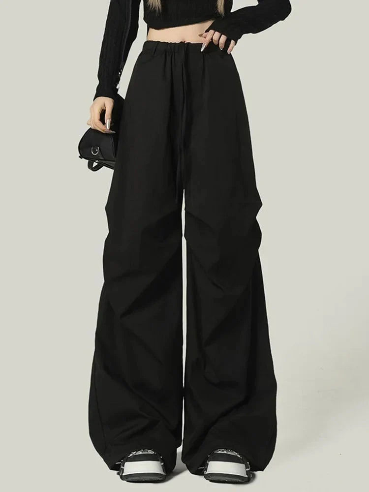 Black Y2K Streetwear Cargo Pant Vintage High Waist American Loose Trousers Hip Hop Retro Bf Wrinkles Paratrooper Pants New