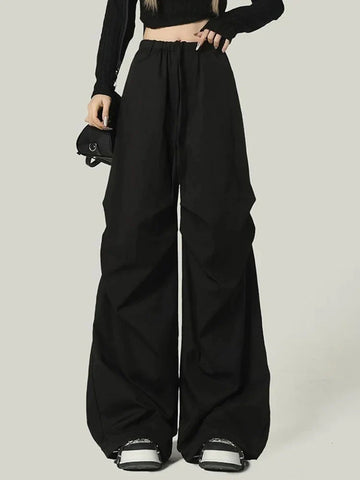 Black Y2K Streetwear Cargo Pant Vintage High Waist American Loose Trousers Hip Hop Retro Bf Wrinkles Paratrooper Pants New