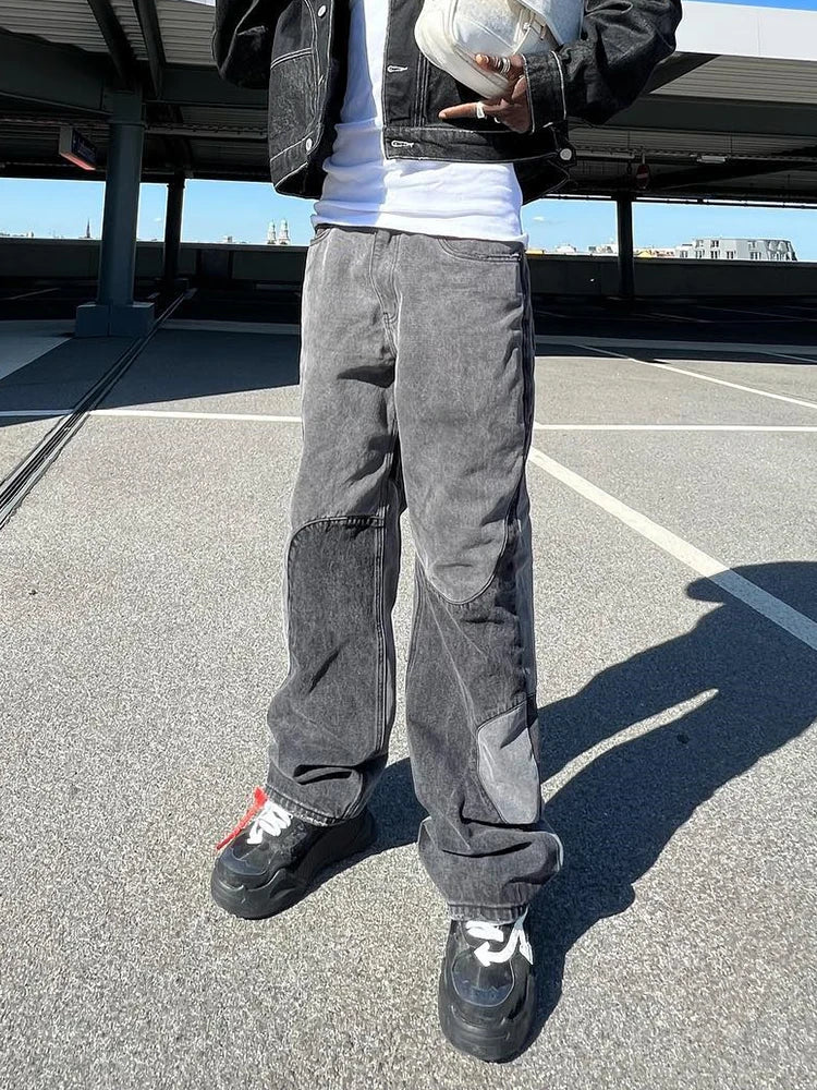 Baggy Jeans Y2K Hombre Design Gray Spliced Denim Pants Loose Jean Trousers Vaqueros Patchwork Straight Jeans For Men