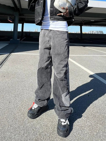 Baggy Jeans Y2K Hombre Design Gray Spliced Denim Pants Loose Jean Trousers Vaqueros Patchwork Straight Jeans For Men