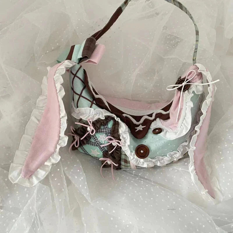 Harajuku Y2k Aesthetic Ins Underarm Bag Contrast Color Plaid Rabbit Ear Canvas Bag Grunge Patchwork Lace Shoulder Handbags