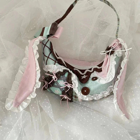 Harajuku Y2k Aesthetic Ins Underarm Bag Contrast Color Plaid Rabbit Ear Canvas Bag Grunge Patchwork Lace Shoulder Handbags