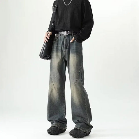 American Vintage Cleanfit Micro-Cut Jeans Y2k Harajuku Casual Fall Trend High Street Loose Yellow Mud Wash Straight Leg Pant