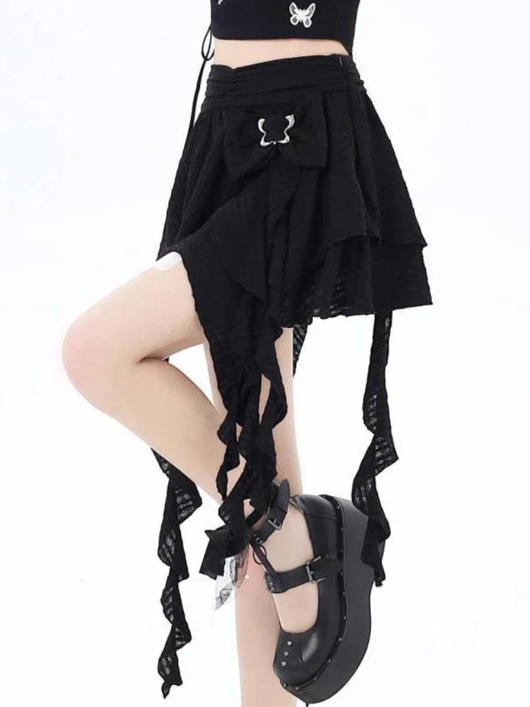 Voguable Harajuku Skirt Chic A-line Korean Sweet Saia Bow Irregular Y2k Mini Skirts Ruffles Jupe Clothing