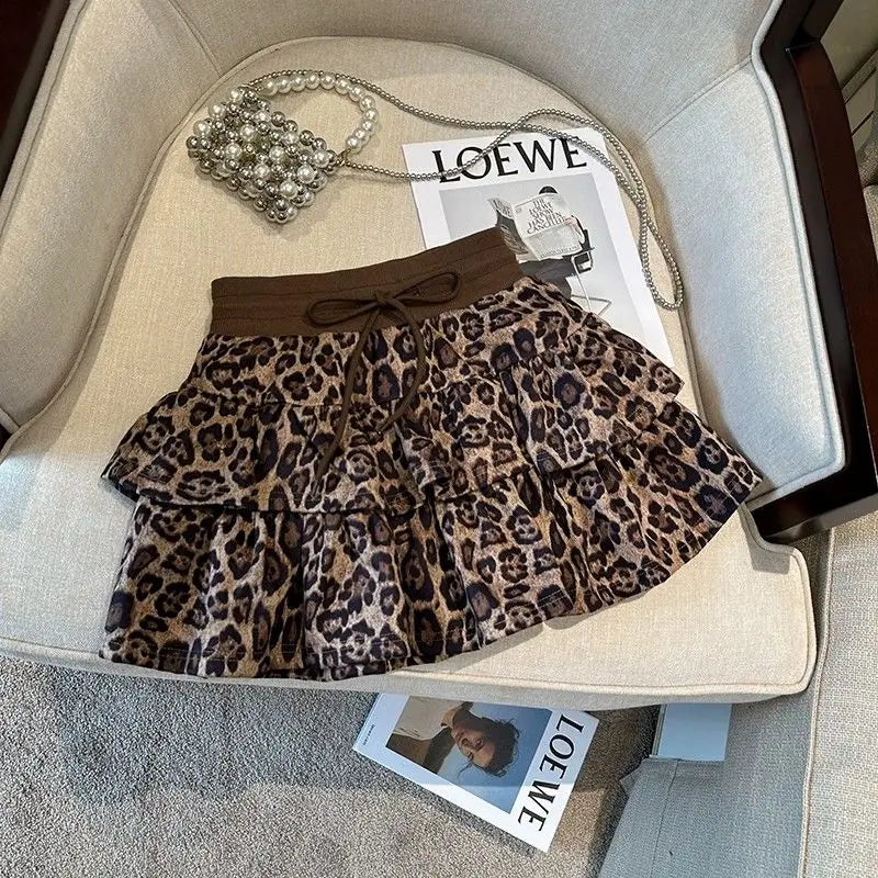 American Leopard Print Fluffy Skirts Y2K High Waist Ruffles Mini Skirts Sweet Preppy All Match A Line Skirt