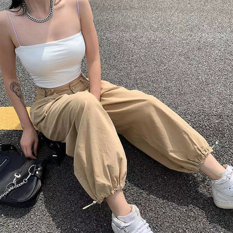 Voguable  Khaki Oversized Cargo Baggy Pants Y2K Hip Hop Style Loosed  Adjustable Waist Drawstring Long Pant Streetwear 90s Style Clothes