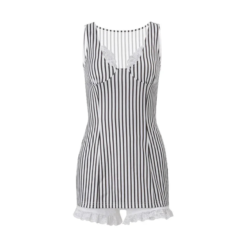 y2k 2 Piece Set Stripe Print Sleeveless Lace Trim V Neck Mini Bodycon Dress with Shorts 2000s Streetwear
