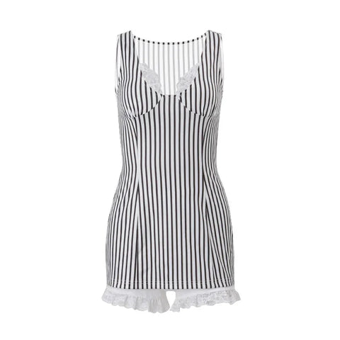 y2k 2 Piece Set Stripe Print Sleeveless Lace Trim V Neck Mini Bodycon Dress with Shorts 2000s Streetwear