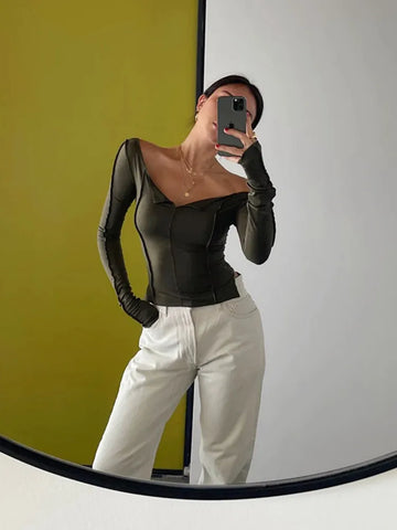 T-shirt Long Sleeve Boat Neck Spliced Slim Fit Shirts Solid Color Korean Kawaii Y2K Crop Tops Streetwear