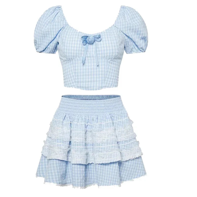Voguable Lolita Kawaii Suit Woman Lace Sweet Plaid Set Casual Short Tops Princess Party Y2k Mini Skirt Clothing Chic