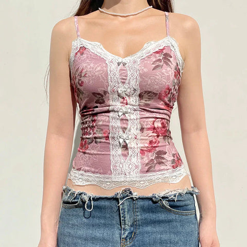 y2k Floral Cropped Top Vintage Lace Stitching Sleeveless Skinny Strap Tops Retro Camisole Streetwear Tees Aesthetic