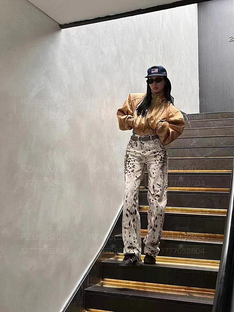 Baggy Wide Leg Jeans High Waisted Retro Leopard Print Straight Jeans High Street Streetwear Y2k Vintage Denim Trousers
