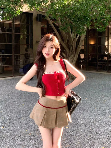 Voguable Harajuku 2000s Aesthetic Outfits 2 Piece Skirt Set Gyaru Off Shoulder Red Tank Top + Japanese Vintage Pleated Skirt Coquette Y2K