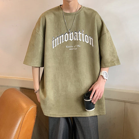 Casual Letter Printing T-shirt Suede Loose Fitting Tops Japanese Style Trend Y2k Tees Short Sleeve