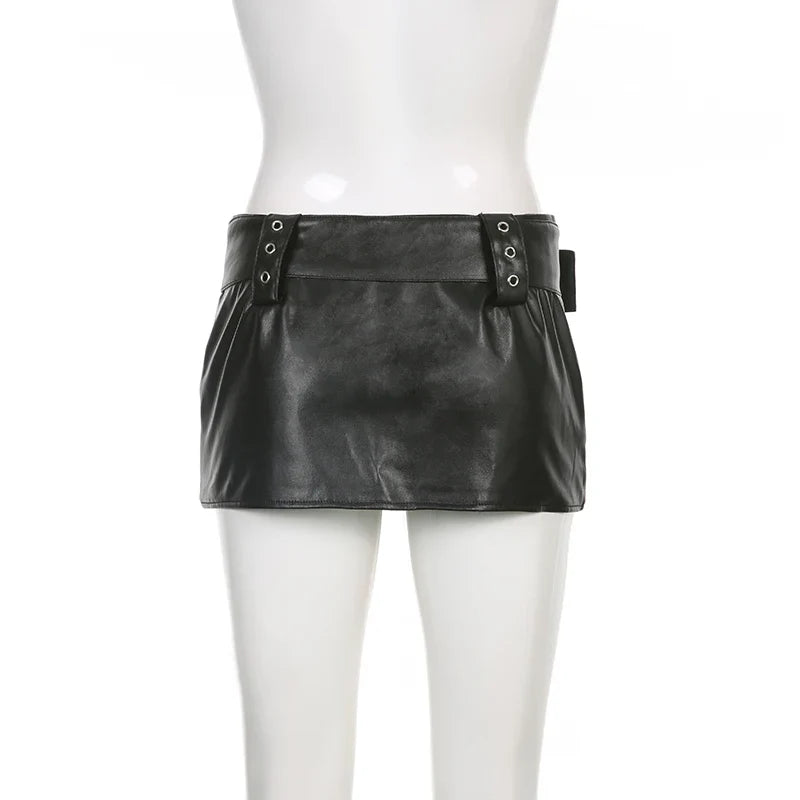 Voguable Vintage Leather Skirts Belt Y2K Low Waist Mini Skirt Streetwear PU Straight Skirt 90s Punk Summer