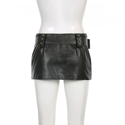 Voguable Vintage Leather Skirts Belt Y2K Low Waist Mini Skirt Streetwear PU Straight Skirt 90s Punk Summer