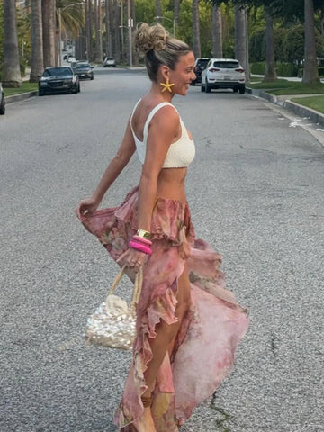 Voguable Vacation Floral Printed Ruffle Half Bodycon Skirt Low Waist Y2K Aesthetics Lace Skirt Harajuku Grunge Fairycore Clothes