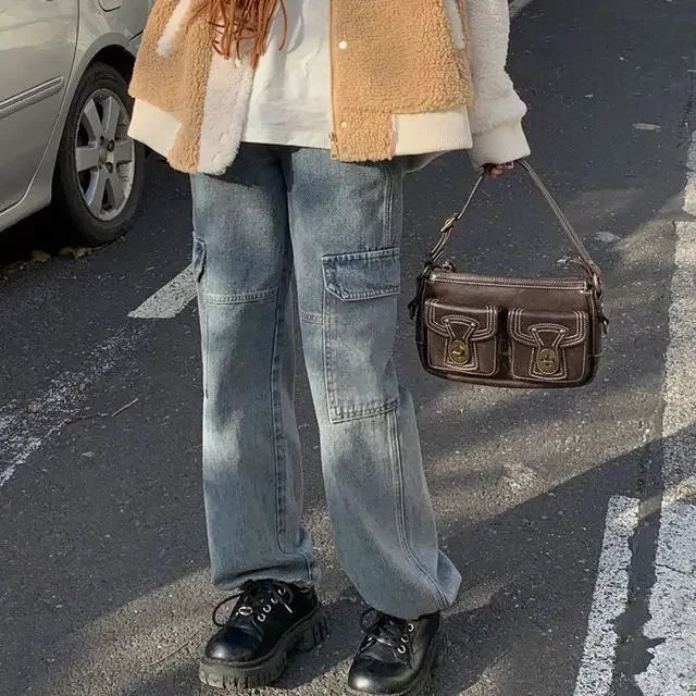Vintage Flame Embroidered High Rise Jeans Washed Old Loose Fit Jeans Y2K Jeans Casual Pants Loose Fit Jean