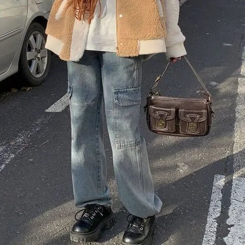 Vintage Flame Embroidered High Rise Jeans Washed Old Loose Fit Jeans Y2K Jeans Casual Pants Loose Fit Jean