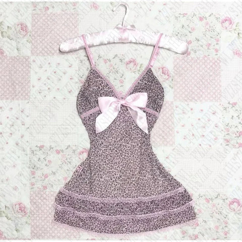 Streetwear Y2K Dress vintage Aesthetic Hip Hop Casual Cute Pink Bow Lace Punk emo girl Slim V Neck Dress