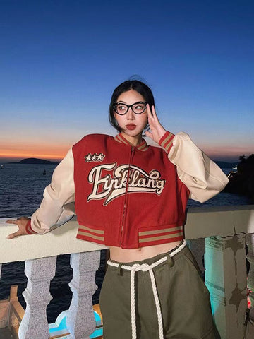 Voguable Pu Leather Letter Print Zipper Long Sleeve Loose Patchwork Jacket Winter Streetwear Outfits Y2K