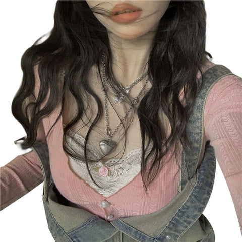 y2k Crop Top Sweet Aesthetic Clothes Lace Patchwork Long Sleeve T Shirt with Bow Decor 2000s Clothing Streetwear