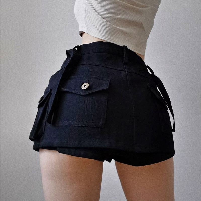 Low Waist Mini Skirt Y2K Aesthetic 2000s Vintage A-line Wild Pockets Ultrashort Clubwear Cargo Skirts with Shorts