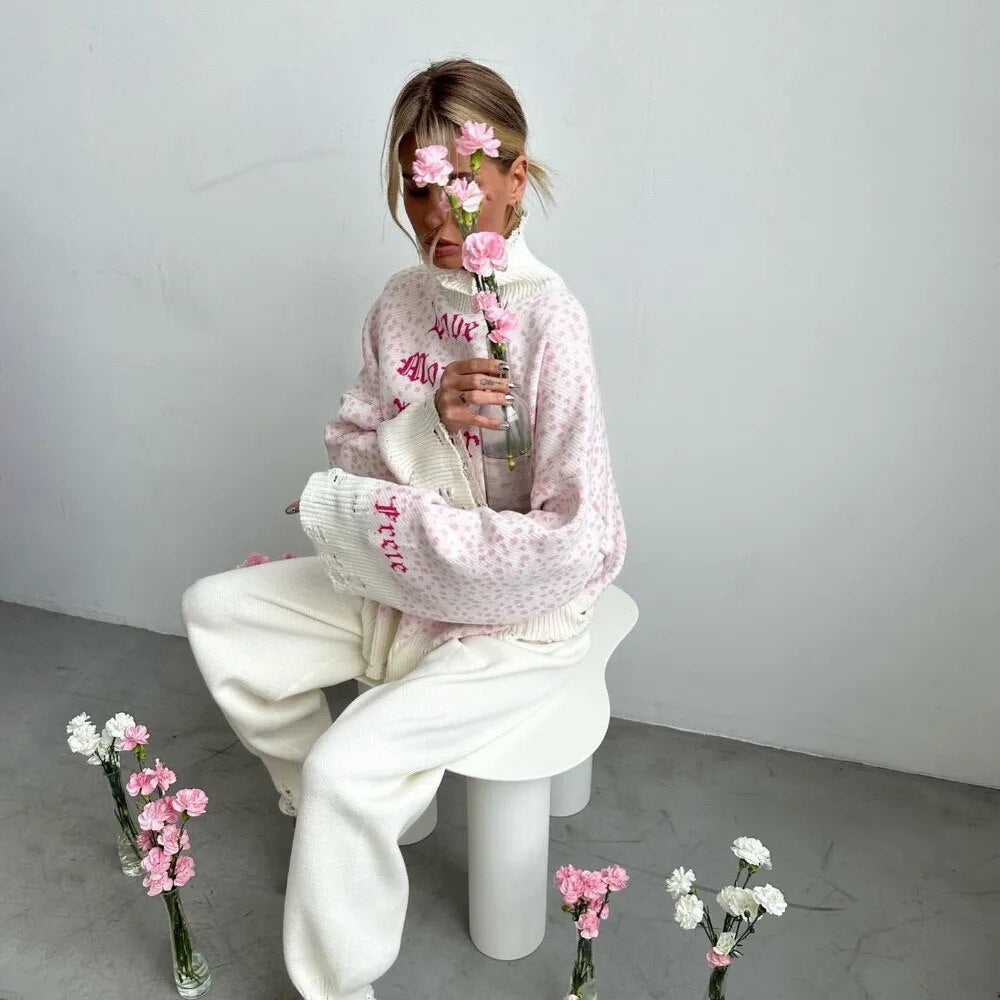Sweater  and Winter Hollow Out Casual Loose Round Neck Printed Pullover Y2k Knit Tops for Women