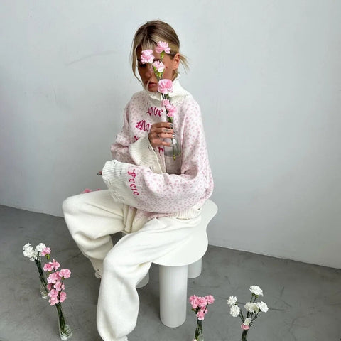 Sweater  and Winter Hollow Out Casual Loose Round Neck Printed Pullover Y2k Knit Tops for Women