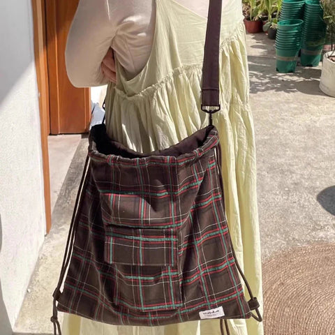 Drawstring Vintage Pleated Backpacks Y2k Aesthetic Plaid Grunge Shoulder Bags High-capacity Harajuku Handbags Crossbody