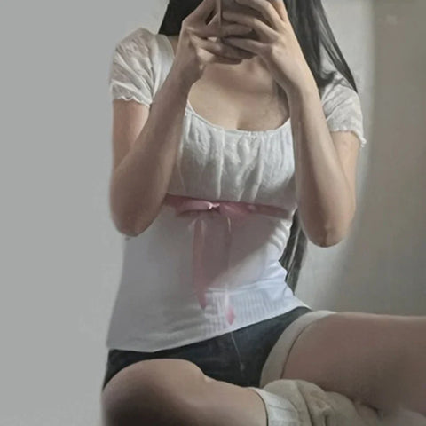 Voguable Coquette Contrast Bow Decorate Top Y2K Slim-fitting Puff Sleeve T-shirt Cute Japanese Lace Patchwork Tee