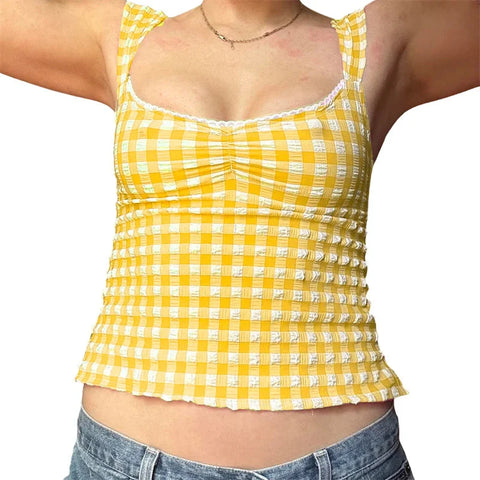y2k Tops for Fairycore Clothing Plaid Print Lace Trim Sleeveless Tanks T Shirts 2000s Clothing Streetwear