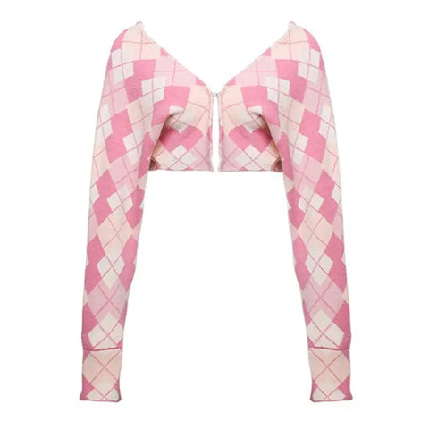 Korean Outfits Pink Plaid Cardigan + White Vest + Mini Skirts Japanese Sweet Y2k Short Party Suits