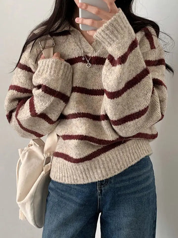 Large size Korean style lapel slimming contrast striped sweater winter long-sleeved loose pullover sweater y2k tops