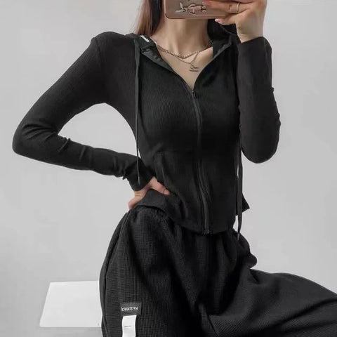 Fall Crop Hooded Cardigan Y2K Korean Slim Solid Zipper Long Sleeve Coats Harajuku Streetwear Sports Cardigan Tops