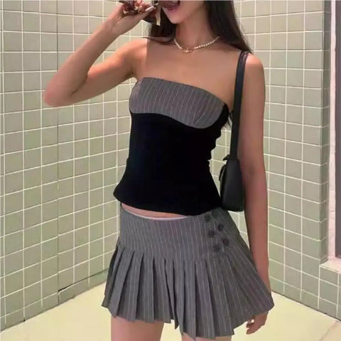 Mini skirt y2k clothes kawaii korean striped skirts for grey mini skirts woman pleated micro skirts with buttons