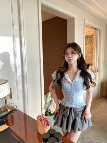 Voguable Japanese Style Kawaii Suit Girls Cute Stripe Slim Bouse + Bow Y2k Mini Skirt Korean Sweet Skirt Set Woman Chic