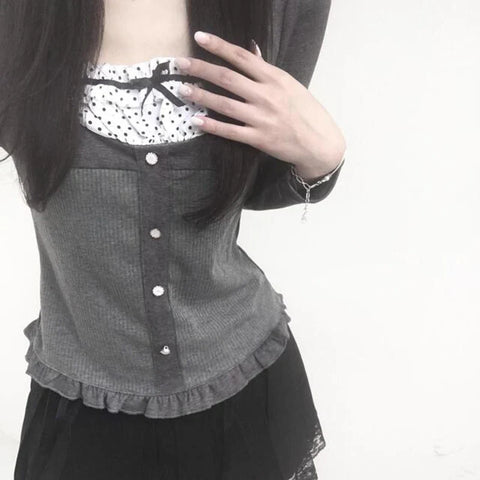 Voguable  Y2K Polka Dot Print Contrast Patchwork Knitted Tops Grey Cute Bow T-shirts Slim-fit Long Sleeve Knitwear