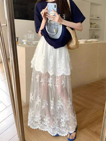 French Elegant Lace Midi Skirts Chic Patchwork Mesh Y2K FeHigh Waist Jacquard All Match A Line Skirts
