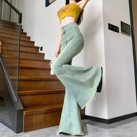 Y2K Vintage Raw Edge Flare Jeans Korean High Waist Slim Denim Pants Solid Hip Hop Streetwear All Match Wide Leg Trousers