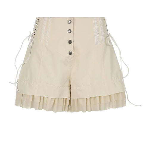 Voguable  Sweet Mesh Tiered Ruffle Shorts Skirts Khaki Wide Form Side Bandage Cute Pants Lolita Style Soft Girls Shorts Y2K