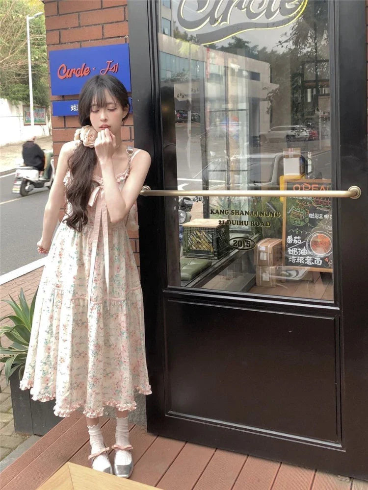 Japanese Kawaii Y2k Midi Dress Casual Sweet Bow Splicing Flower Print Dress Korean Evening Party